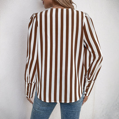 Women's V-Neck Cardigan Striped Contrast Long Sleeve Shirt