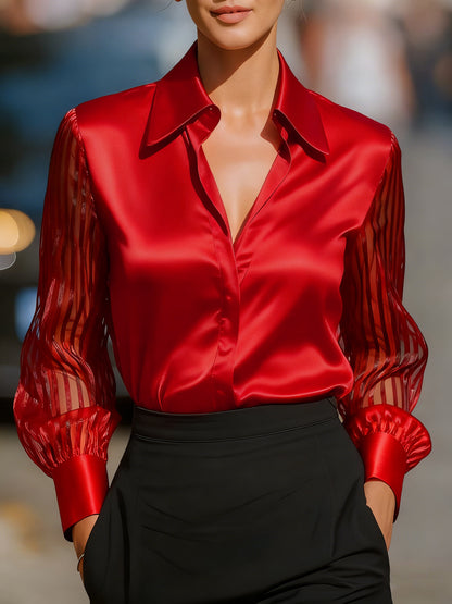 Women's Satin Blouse Sheer Bishop Sleeve Button Up Top