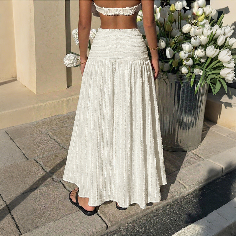 New Casual Vacation Style Textured High-Waist Midi Skirt