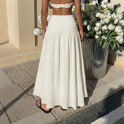 New Casual Vacation Style Textured High-Waist Midi Skirt