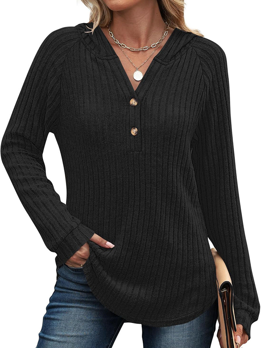 Women's Loose Hooded V Neck Button Ribbed Knit Sweater