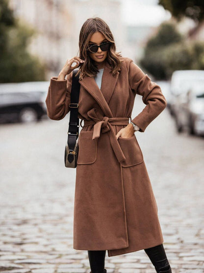 Women's Belted Long Wool Coat Lapel Pockets