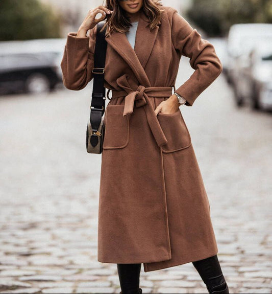 Women's Belted Long Wool Coat Lapel Pockets
