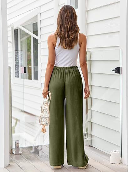 Women's Linen Wide Leg Pants Drawstring Elastic Waist