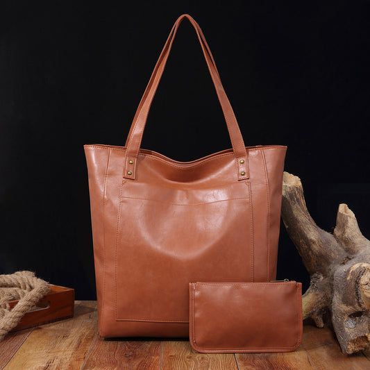 Vintage Soft Leather Tote Bag Set with Zip Pouch, Large Capacity