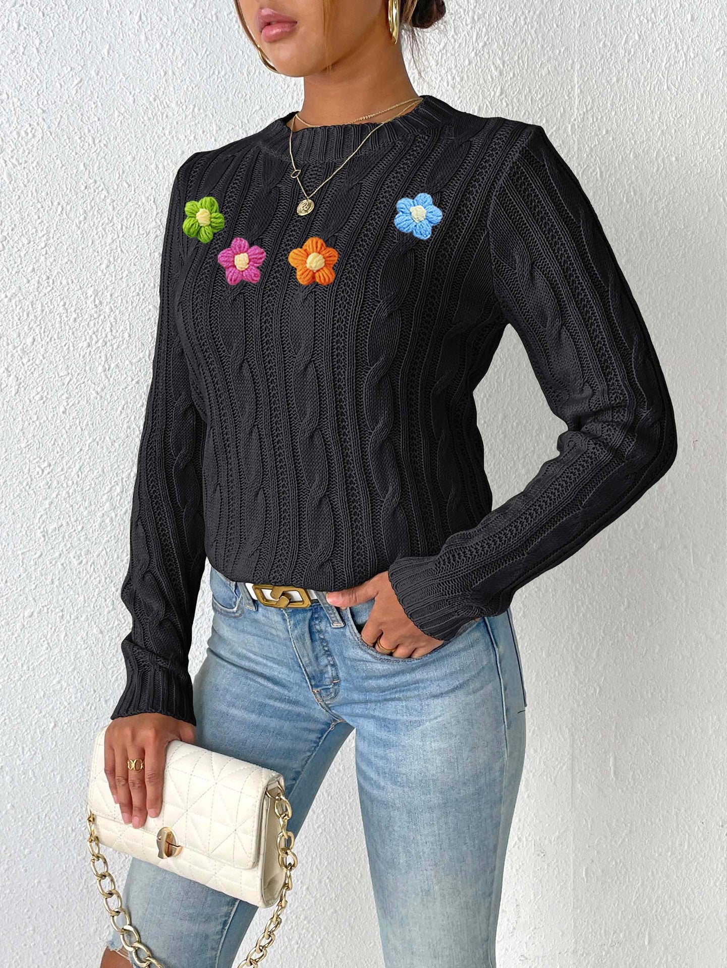 Crochet Flower Cable Knit Sweater | Cozy Fall/Winter Top
