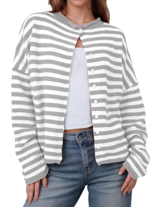 Grey White Striped Button Front Knit Cardigan Sweater