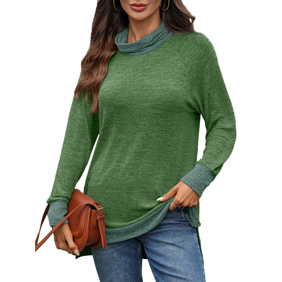 Women's Color Block Cowl Neck Long Sleeve Tunic Top