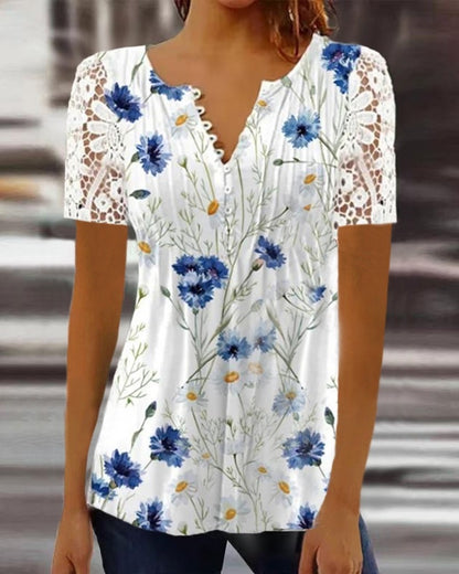 Women's Lace Sleeve Pleated V-Neck Blouse