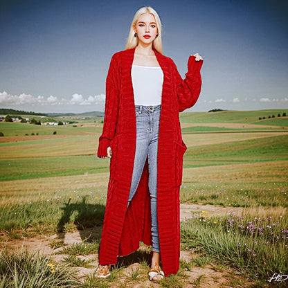 Long Cable Knit Open Front Cardigan with Pockets