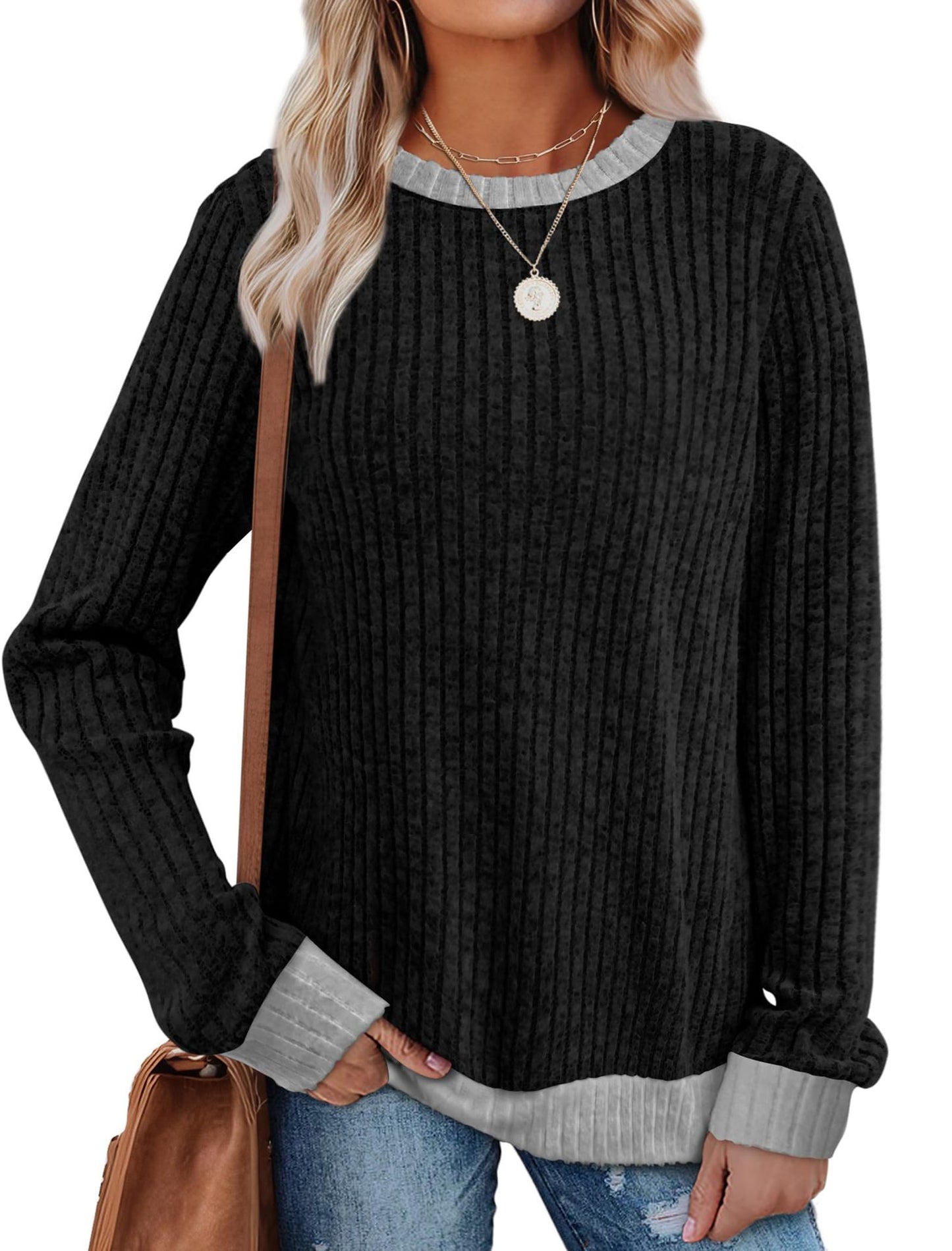 Women's Ribbed Long Sleeve Crew Neck Pullover Top