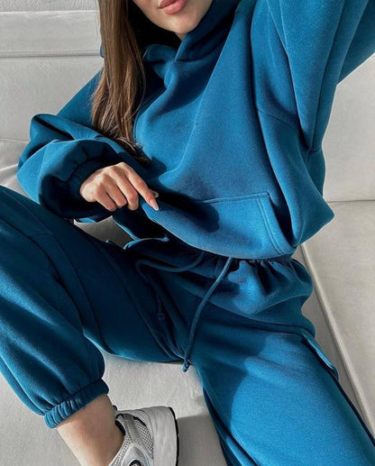 Women Oversized Fleece Hoodie Cargo Jogger Set