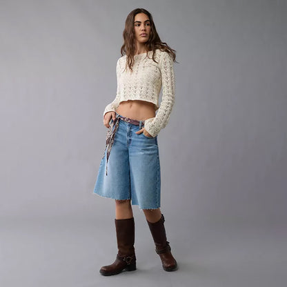 Women's Crochet Sheer Crop Top Long Sleeve Knit Sweater