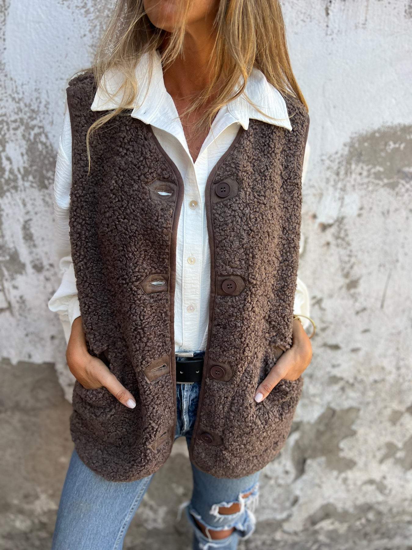 Women's Sherpa Fleece V-Neck Button Front Vest