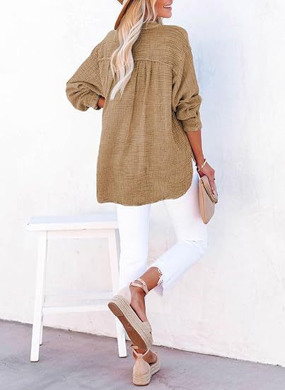Womens Cotton Textured Long Sleeve Button Blouse