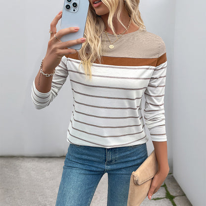 Retro Striped Long Sleeve T-Shirt for Women Casual Layering Top