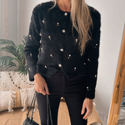 Women's Fuzzy Pearl Embellished Cropped Cardigan Sweater