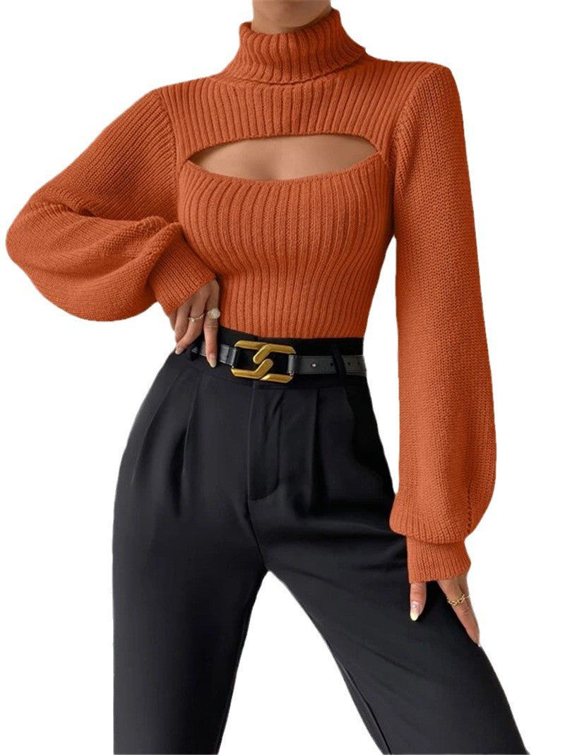 Cutout Turtleneck Ribbed Sweater Long Sleeve Top