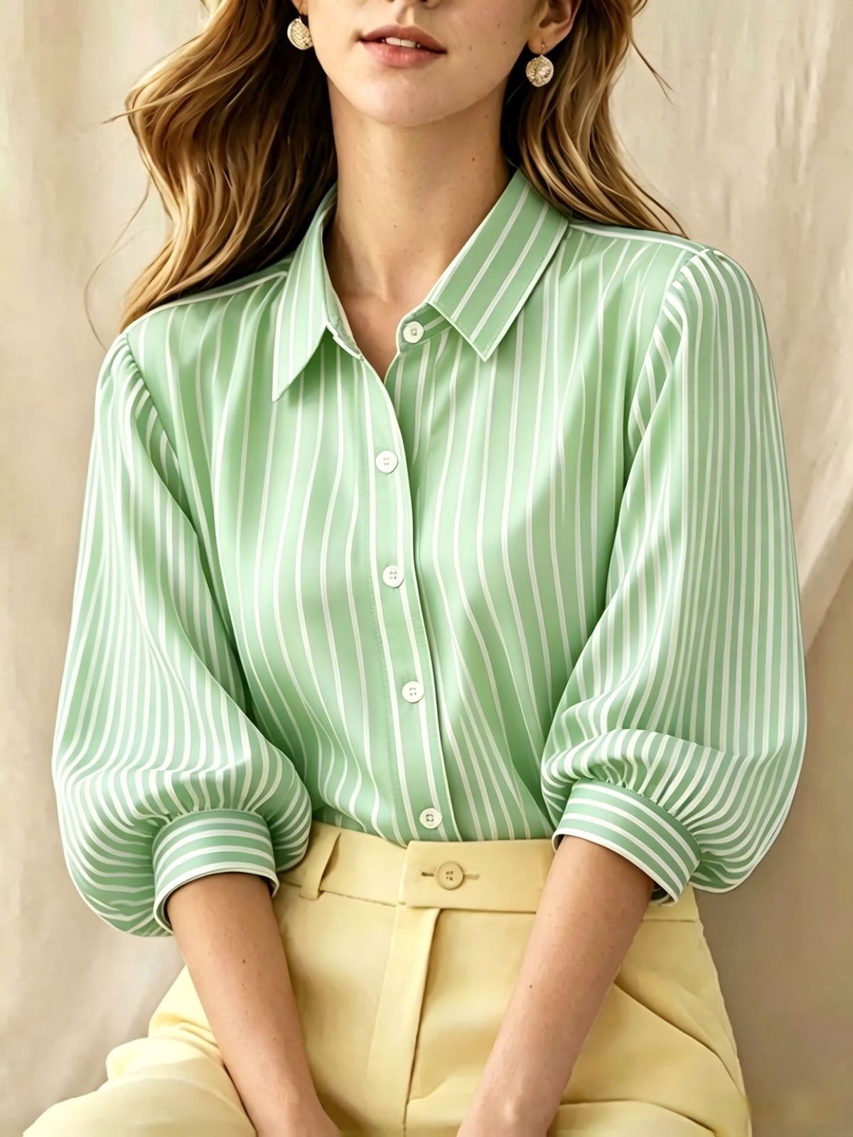 Striped Puff Sleeve Collared Workwear Blouse