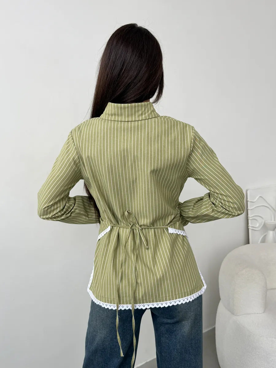 Striped Wrap Shirt with Lace Trim Long Sleeves