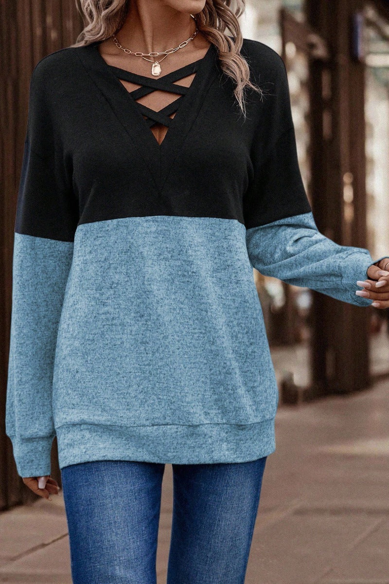 Women's Color Block Criss Cross V Neck Long Sleeve Top