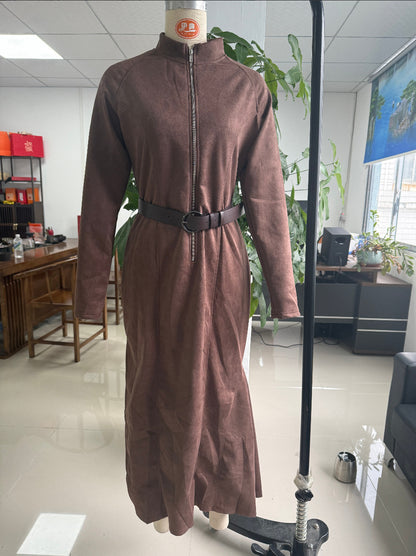 Suede Zip Front Maxi Dress Long Sleeve Fishtail