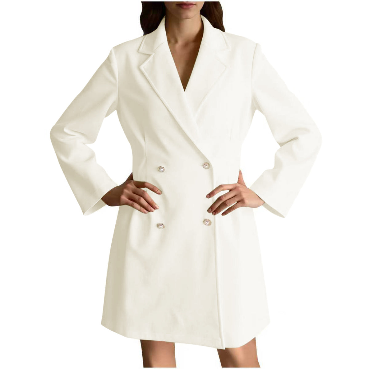Women Double Breasted Tweed Coat Pearl Button