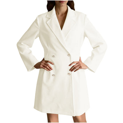Women Double Breasted Tweed Coat Pearl Button