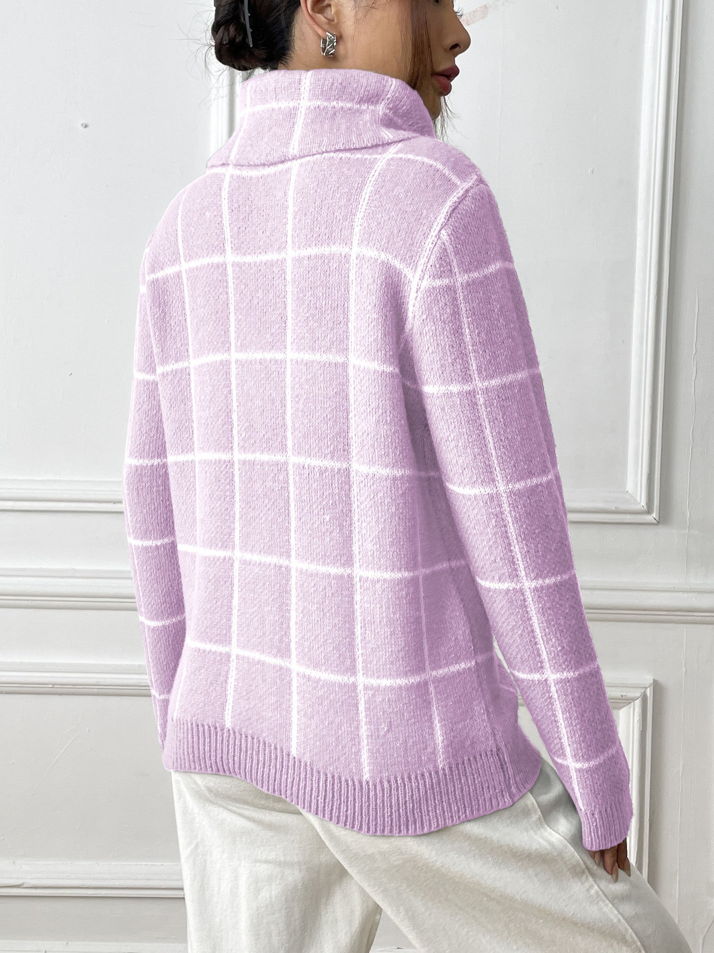 Women's Long Sleeve Bottom Shirt Contrast Checked Turtleneck