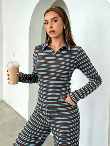 Striped Colorblock Collar Long Sleeve Top & Pants Set