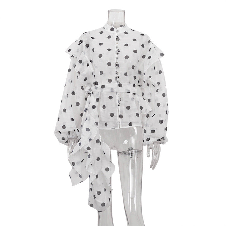 Polka Dot Ruffle Stand Collar Blouse Tie Waist Long Sleeve