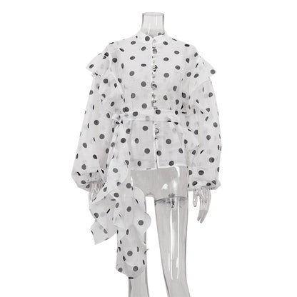 Polka Dot Ruffle Stand Collar Blouse Tie Waist Long Sleeve