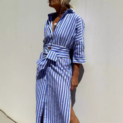 Striped Button Down Shirt Dress Half Sleeve Midi Tie Waist