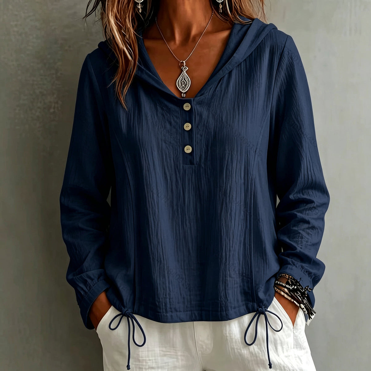 Women's Oversized Textured Hooded Henley Casual Top