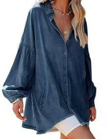 Women's Denim Shirt Dress Oversized Puff Sleeve Button Down