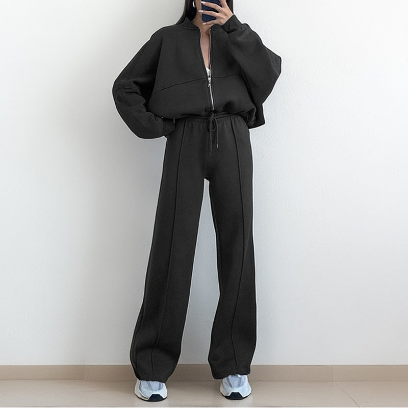 Solid Two Piece Lounge Set Zip Sweatshirt Wide Leg Pants