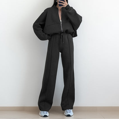 Solid Two Piece Lounge Set Zip Sweatshirt Wide Leg Pants