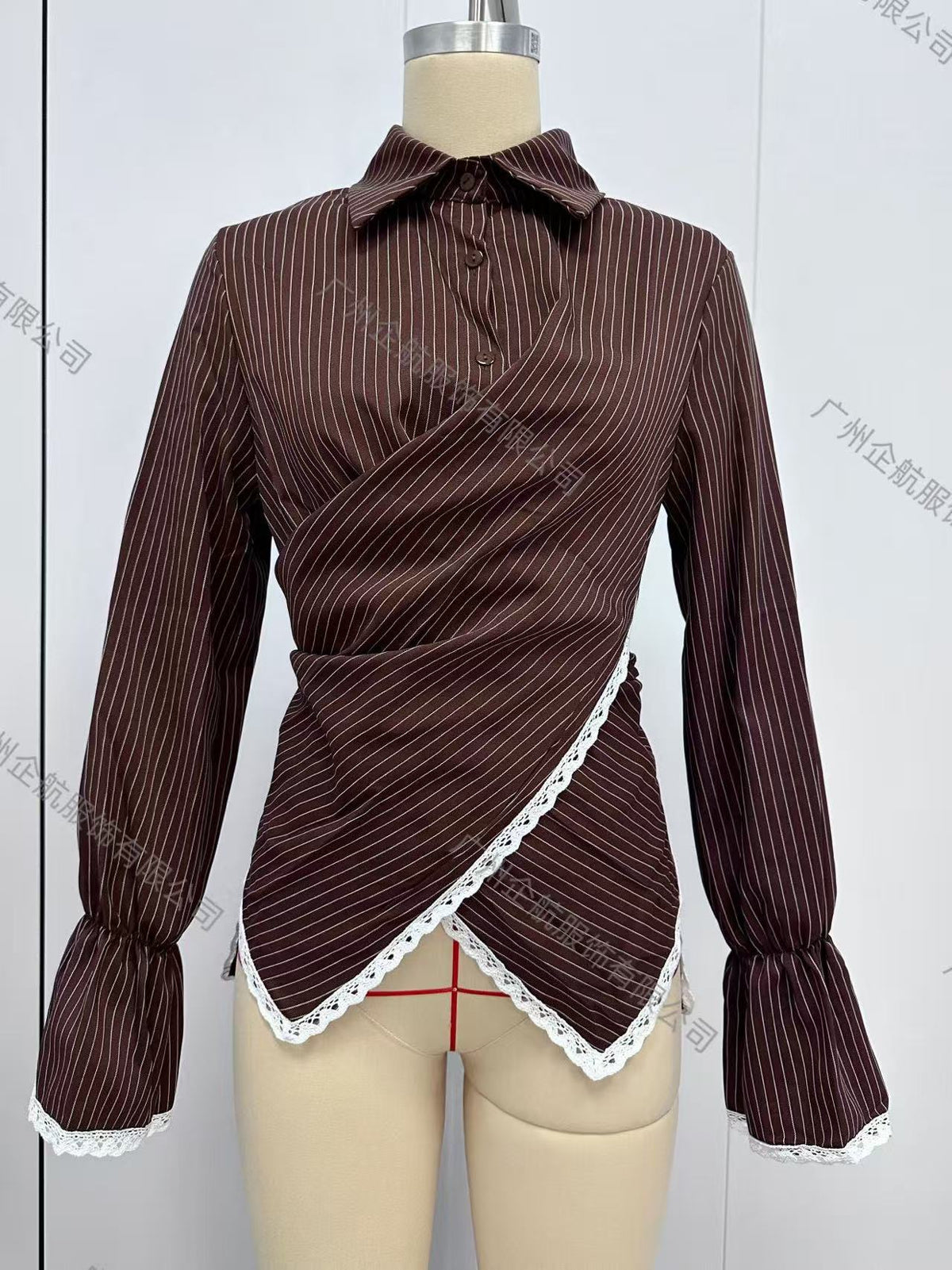Striped Wrap Shirt with Lace Trim Long Sleeves