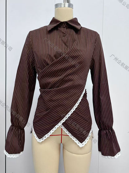 Striped Wrap Shirt with Lace Trim Long Sleeves
