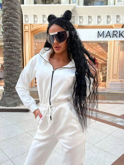 Women's Hooded Drawstring Jogger Jumpsuit Pockets