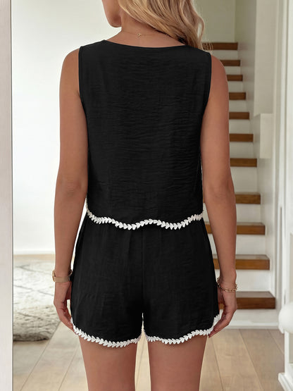 Black Contrast Trim Sleeveless Top and Shorts Set