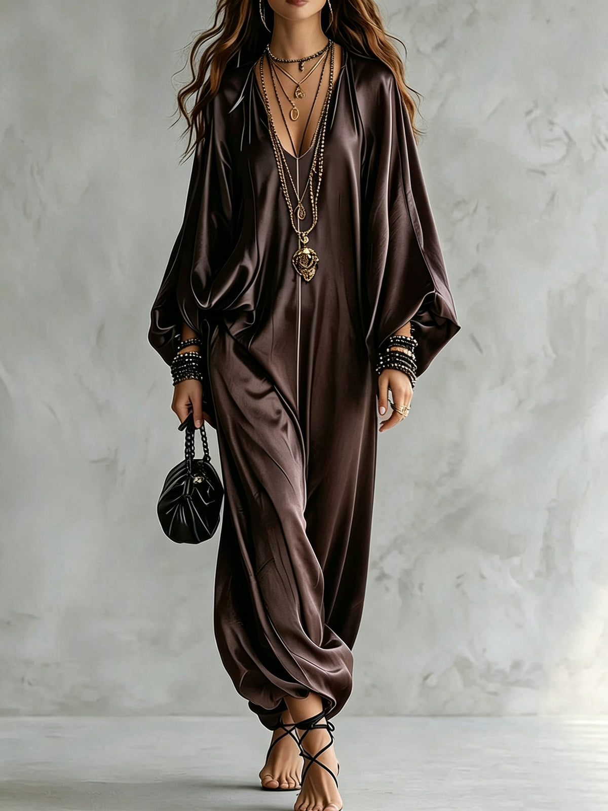 Women's Satin Wide Leg Jumpsuit V-Neck Batwing Plus Size