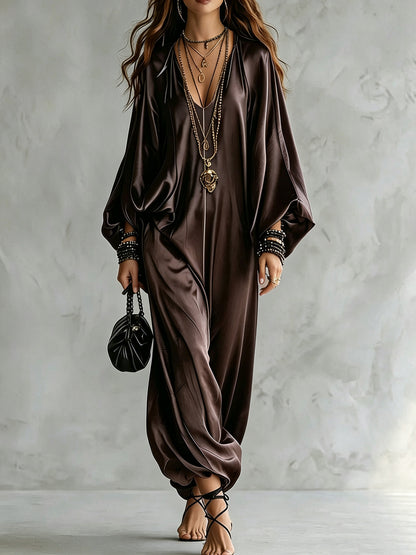 Women's Satin Wide Leg Jumpsuit V-Neck Batwing Plus Size