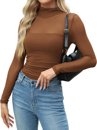 Y2K Mesh Semi-Turtleneck Long Sleeve Sexy T-Shirt