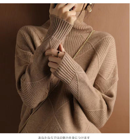 Chunky Turtleneck Sweater Diamond Pattern Pullover