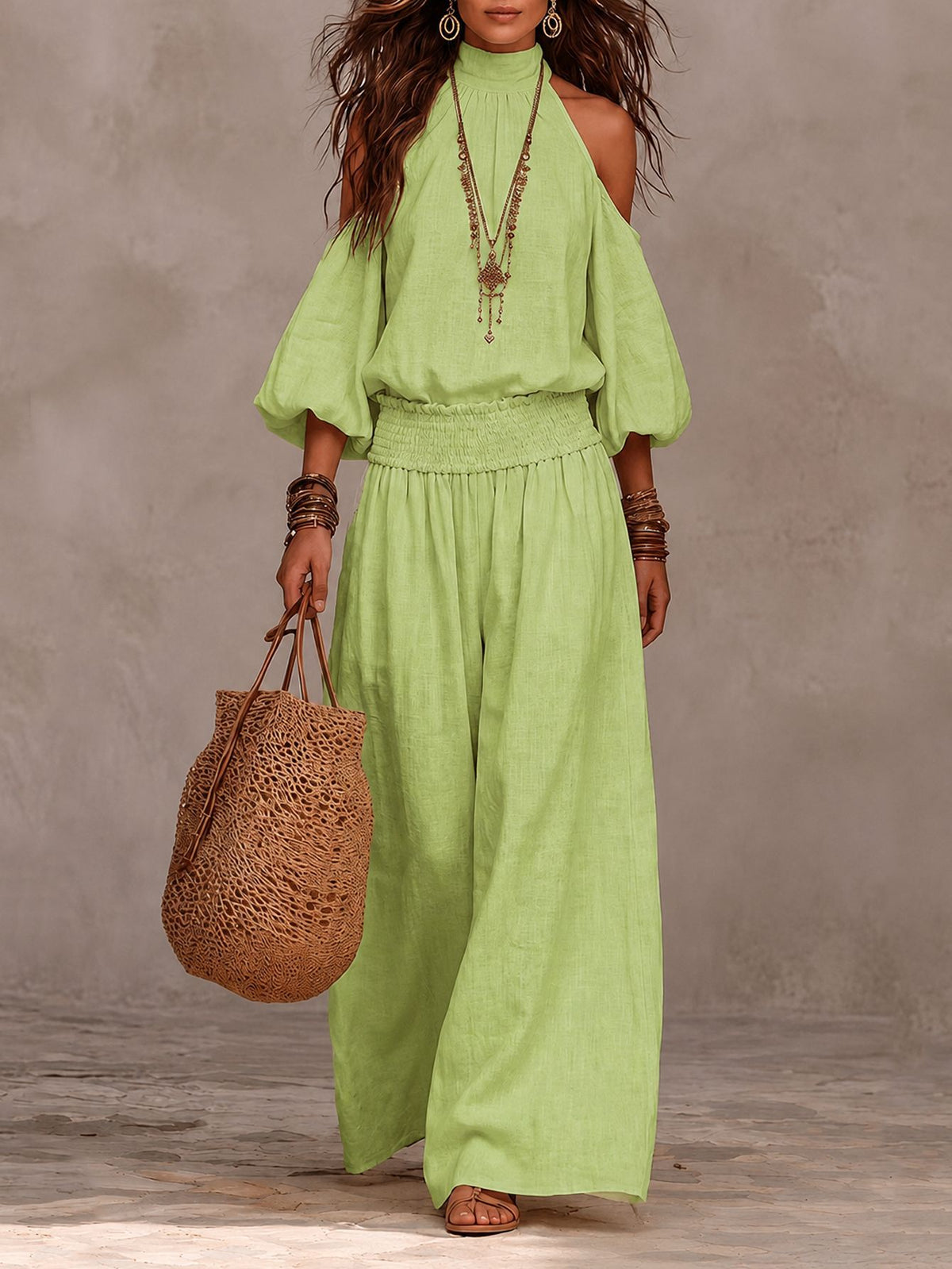 Women's Cold Shoulder Smocked Wide Leg Pants Two Piece Set
