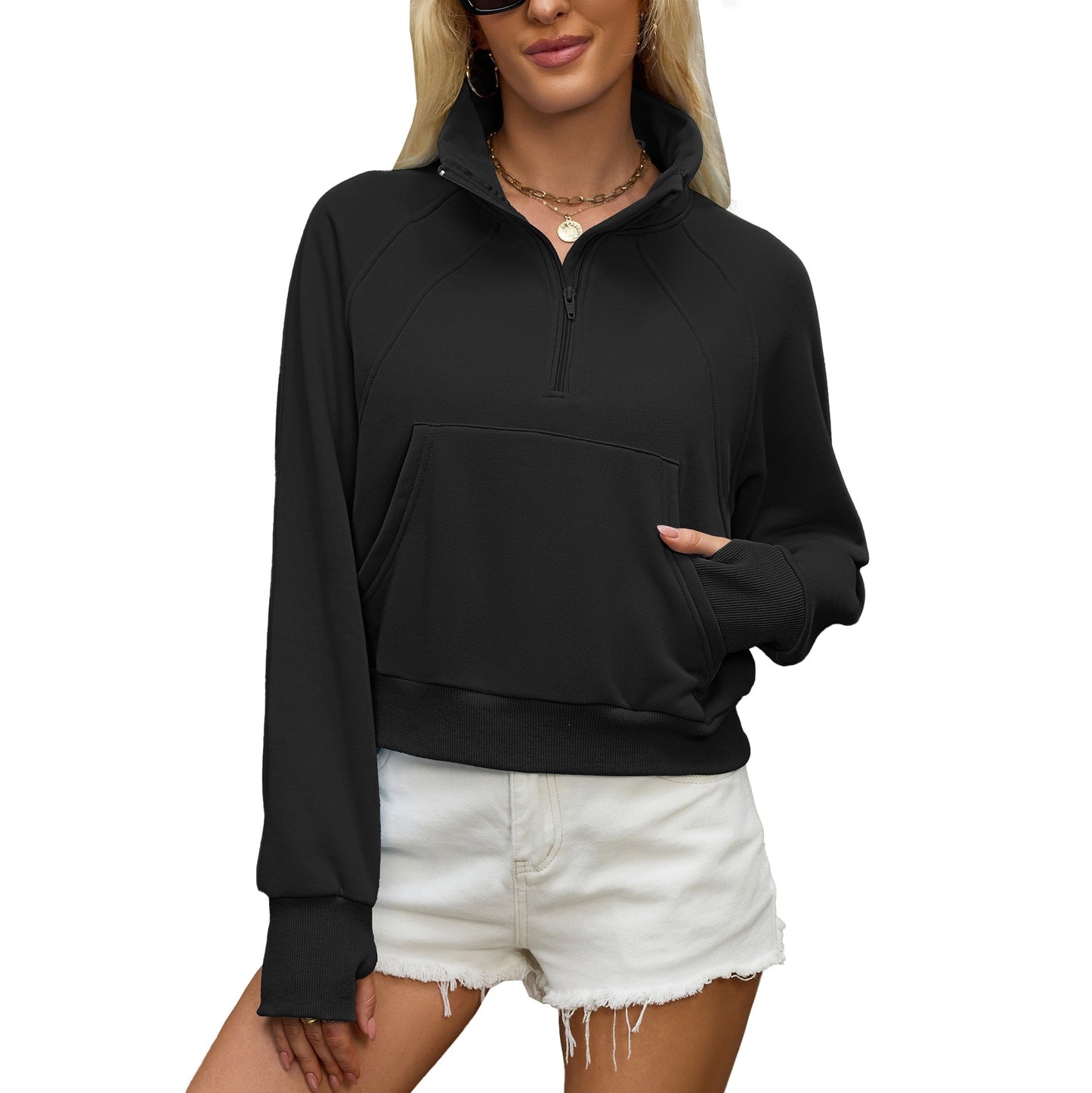 Women's Oversized Quarter Zip Cropped Sweatshirt Pocket