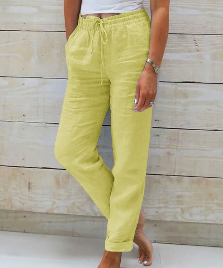 Women's Cotton Linen Drawstring Wide Leg Casual Pants