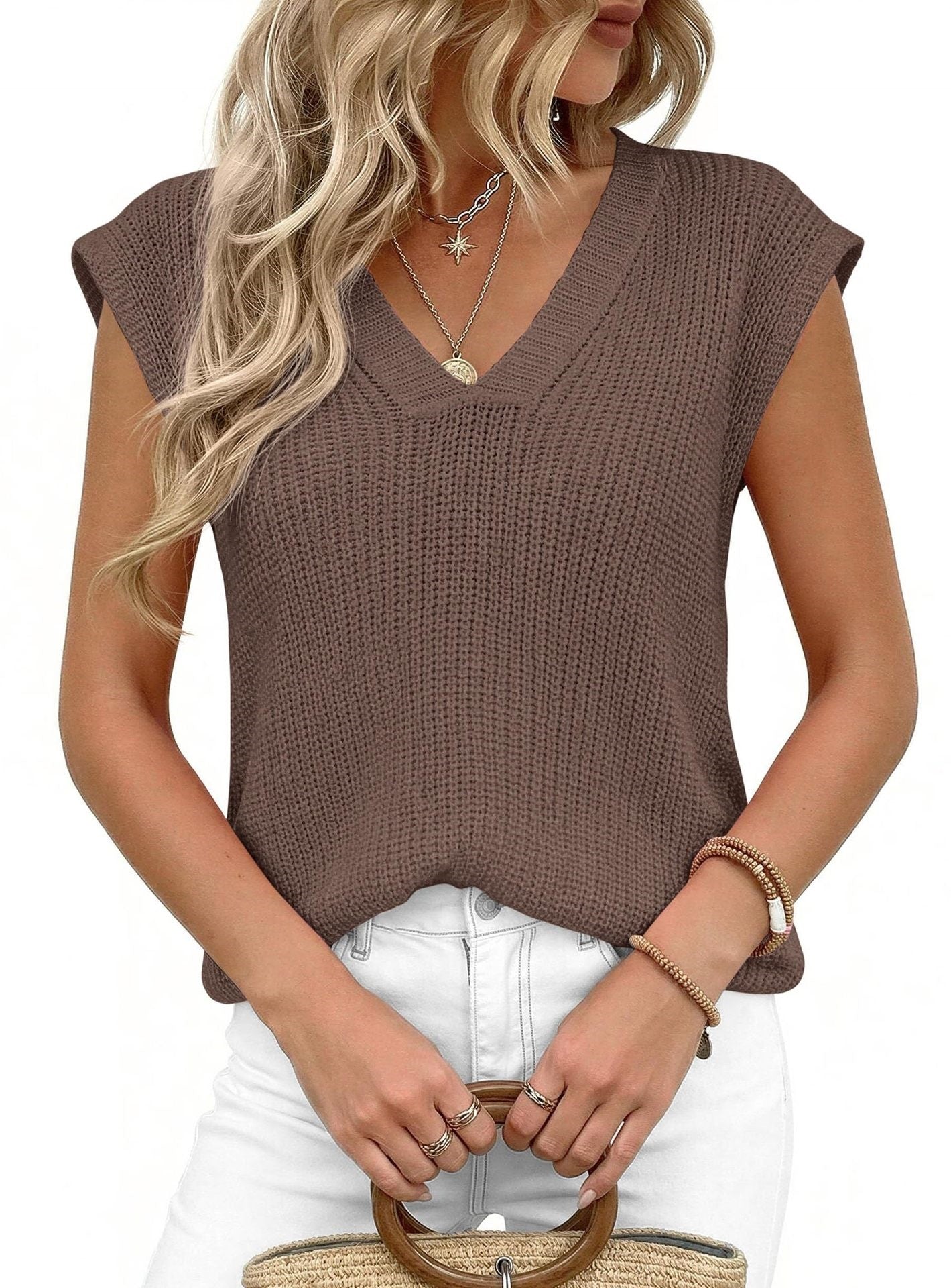 V Neck Knit Sweater Vest Sleeveless Loose Summer Top