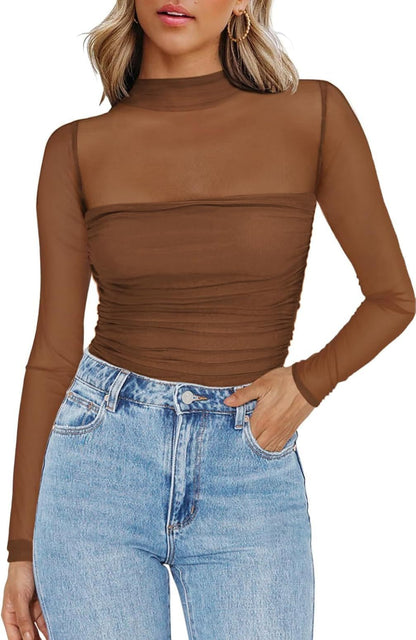 Y2K Mesh Semi-Turtleneck Long Sleeve Sexy T-Shirt